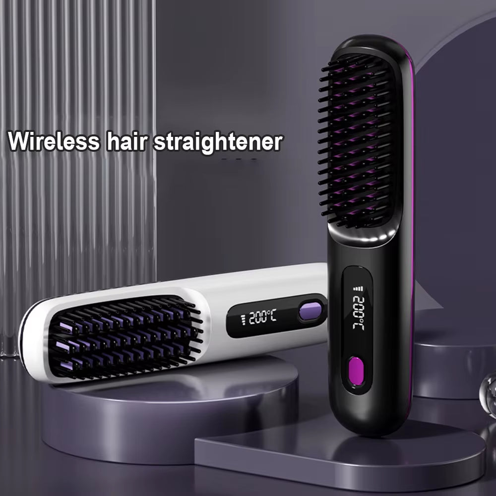 Electric LCD Usb Ceramic Heating Straight Hair Comb Wireless Portable Negative Ion Styling Tool Rechargeable Straightening Brush