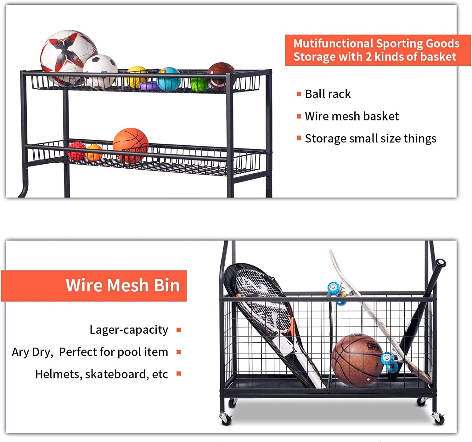 Sports Equipment Organizer, Ball Storage Rack, Garage Ball Storage, Sports Gear Storage, Rolling Sports Ball Storage Cart