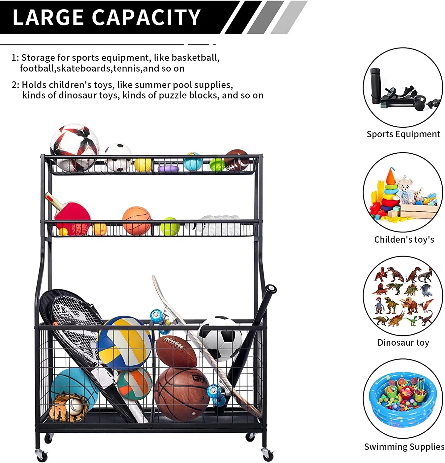 Sports Equipment Organizer, Ball Storage Rack, Garage Ball Storage, Sports Gear Storage, Rolling Sports Ball Storage Cart