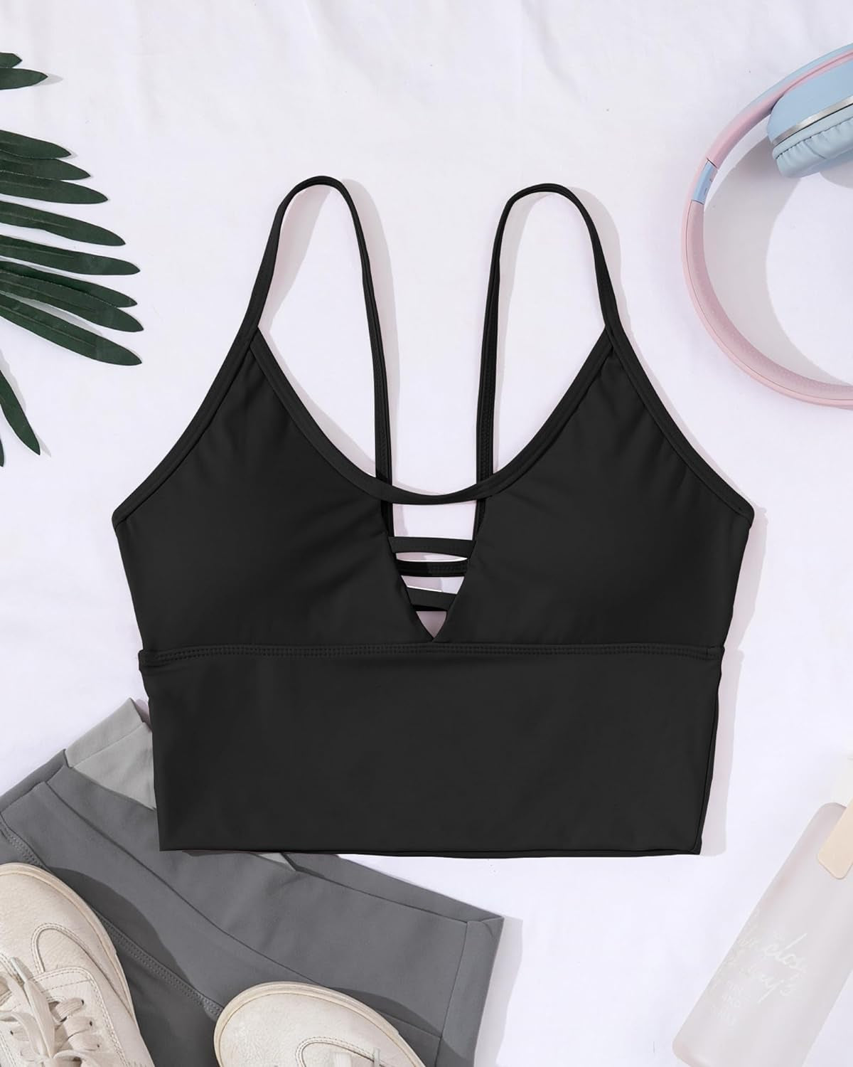 Longline Sport Bra for Women Camisole Workout Yoga Crop Top Strappy Padded Fitness Tank Shirts