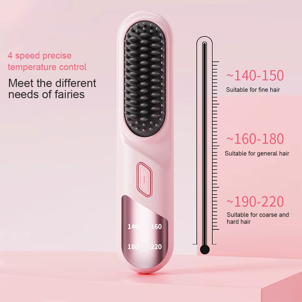 Electric LCD Usb Ceramic Heating Straight Hair Comb Wireless Portable Negative Ion Styling Tool Rechargeable Straightening Brush