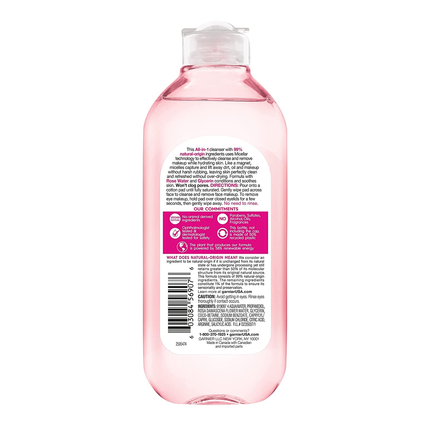 Micellar Water with Rose Water and Glycerin, Hydrating Facial Cleanser & Makeup Remover, for All Skin Types, Vegan, Cruelty Free, 13.5 Fl Oz (400Ml), 1 Count