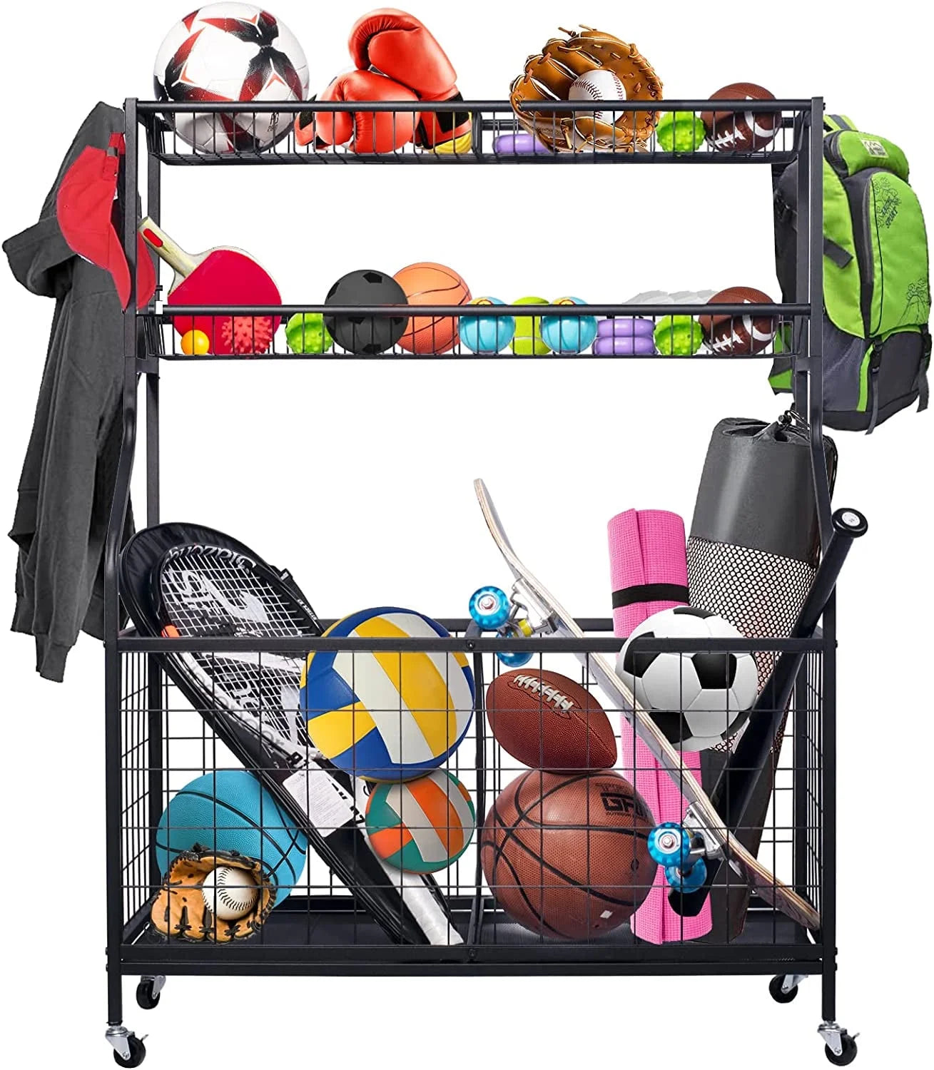 Sports Equipment Organizer, Ball Storage Rack, Garage Ball Storage, Sports Gear Storage, Rolling Sports Ball Storage Cart