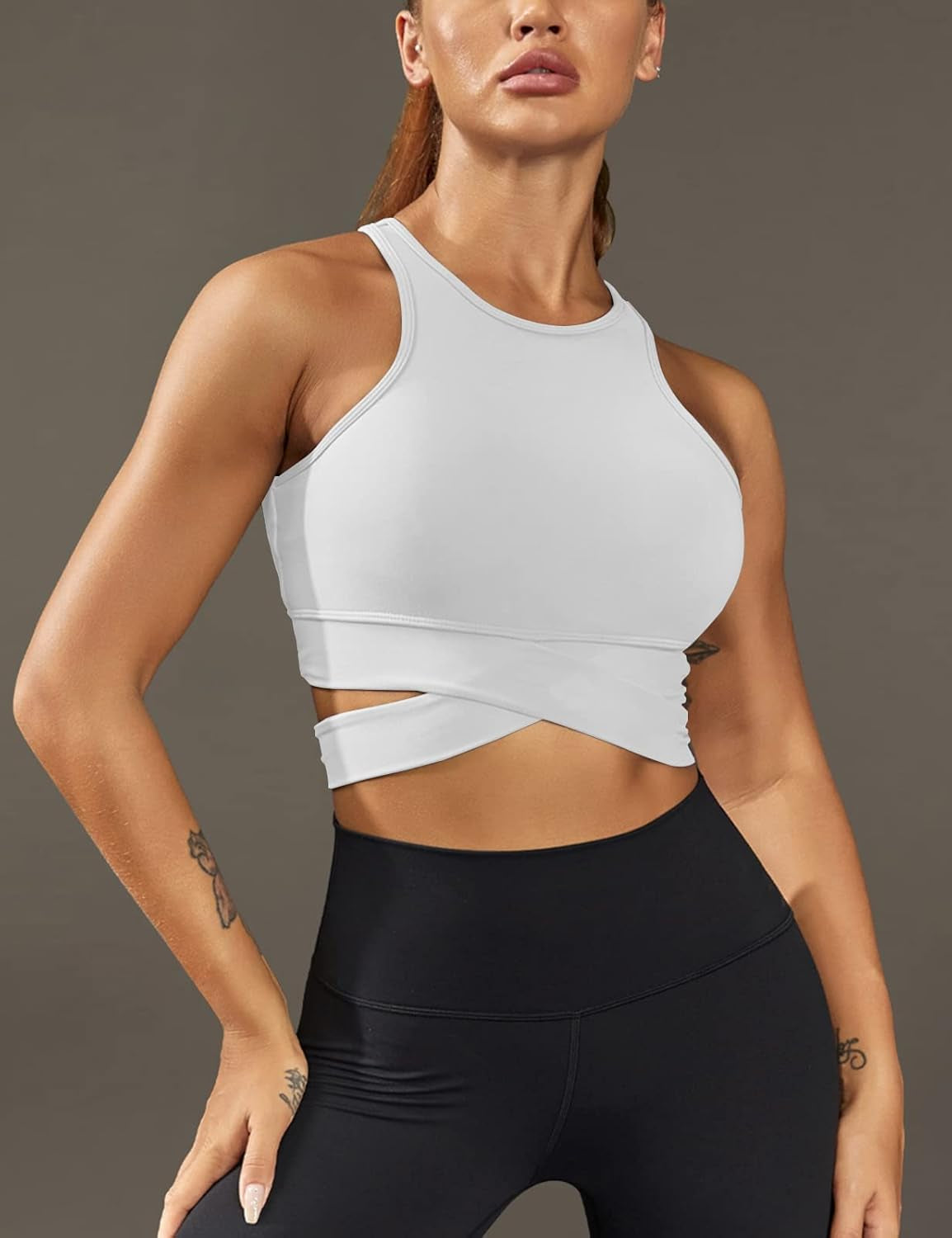 Womens High Neck Sports Bra Longline Workout Crop Tops Criss Cross Tank Top with Built in Bra